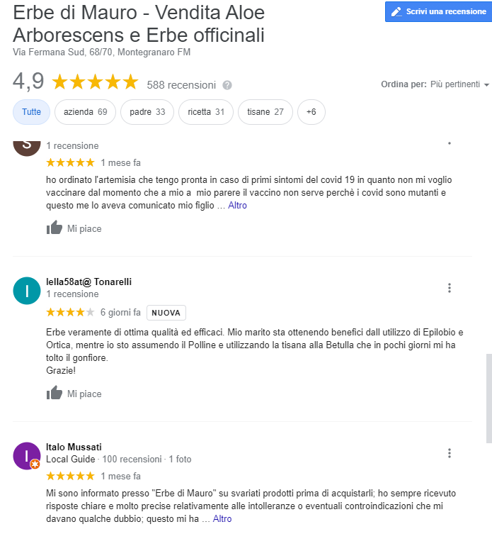 Recensioni Google di Le Erbe di Mauro